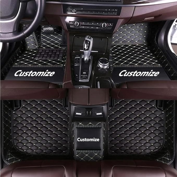 Customize Making Car Floor Mats for 99.99% Sedan SUV Pickup Truck Full Coverage Men Women Cute Leather Protection Pads Non-Slip Floor Liners (Black Beige Thread)