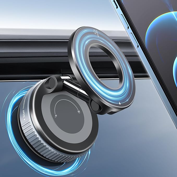 Galundge Vacuum Suction Magnetic Phone Holder, 2025 Upgraded Foldable Retractable Suction Cup Car Phone Mount for Magsafe, 360° Adjustable Magnetic Phone Stand for Cars/Gyms/Mirrors/Smooth Surface