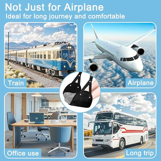 Aksiko 2 Pack Airplane Travel Footrest Hammocks, Adjustable, Black, Memory Foam, Foot Hammock for Airplane Travel