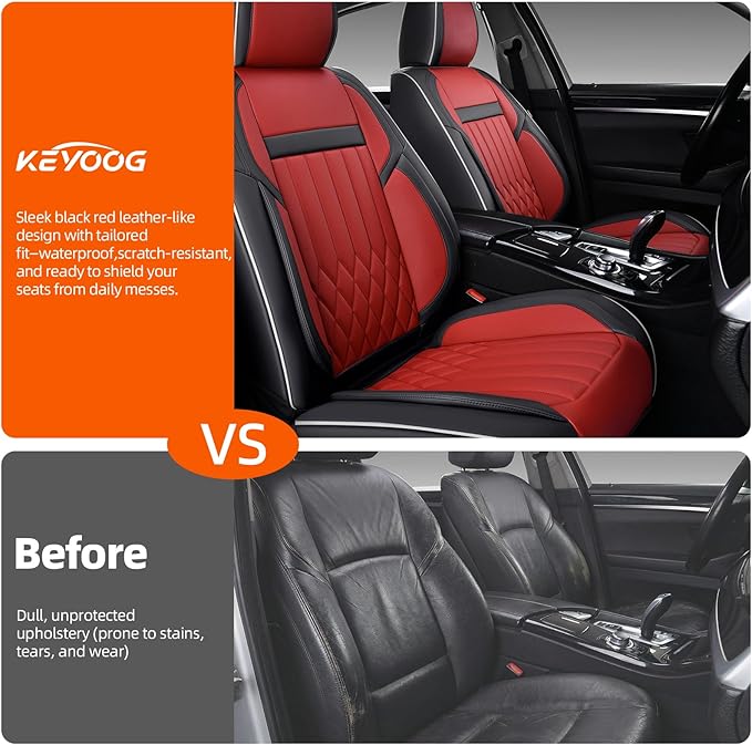 KEYOOG 2-Seater Waterproof and Breathable Nappa Leather Car Seat Covers Full Set, Fit for Front Seats of Cars, Compatible with Airbags, Car Seat Protector Covers for Most Cars - Black Red