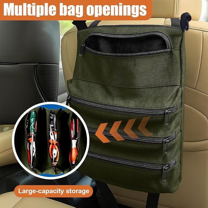 YoRise Car Seat Organizer, Oxford Cloth Roll Up Tool Bag With 5 Zipper Pockets, Hanging Back Seat Car Organizer, Portable Waterproof Vehicle Storage Accessories for Cars, Trucks, SUVs (Green)