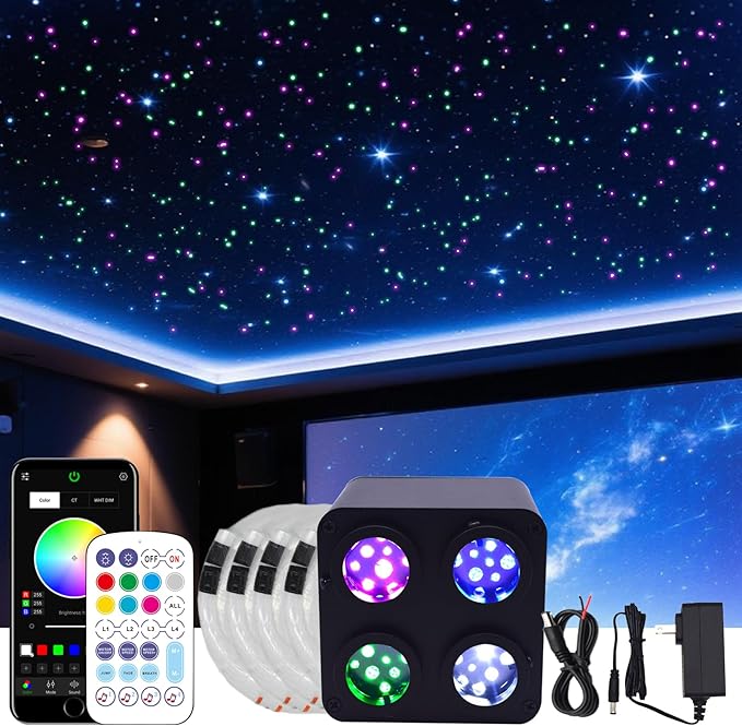 36W 4-Head 4 Color RGBW Twinkle Fiber Optic Lights, Starlight Headliner Kit with Total 1200pcs*0.75mm/0.03in 13.1ft Optical Fiber Cables+Remote and APP Control for Car and Home Interior Decoration