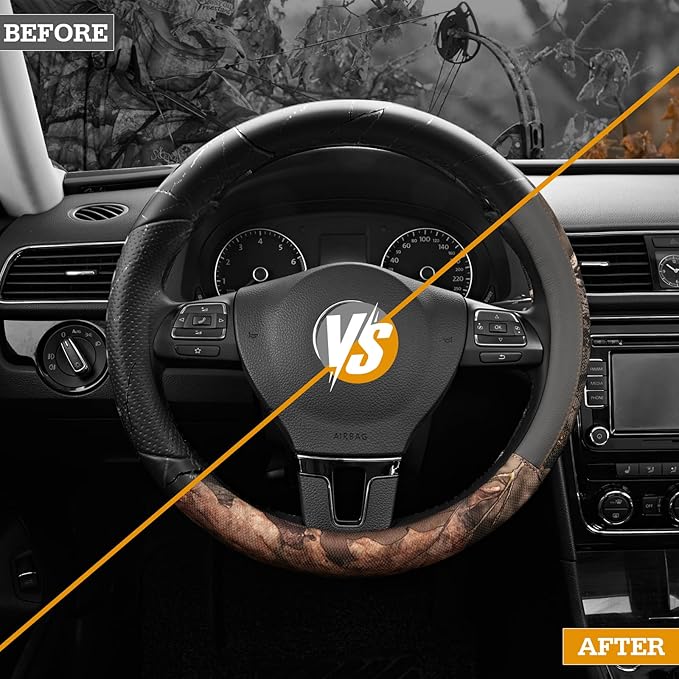 Mossy Oak Full Camo Steering Wheel Cover - Made from Premium Leather, Universal Fit for 14 1/2 to 15 inches - Official Licensed Product - Gray Color