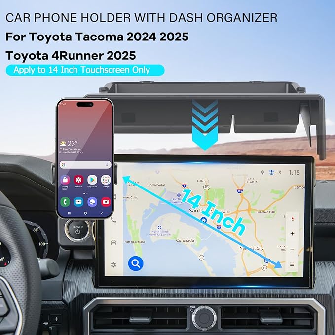 Car Phone Holder Fit for Toyota Tacoma 2024 2025/4Runner 2025 Accessories Fit 14-inch Screen, Dashboard Organizer with Cell Phone Mount Automobile Cradles Hands-Free 360 Degree Rotation