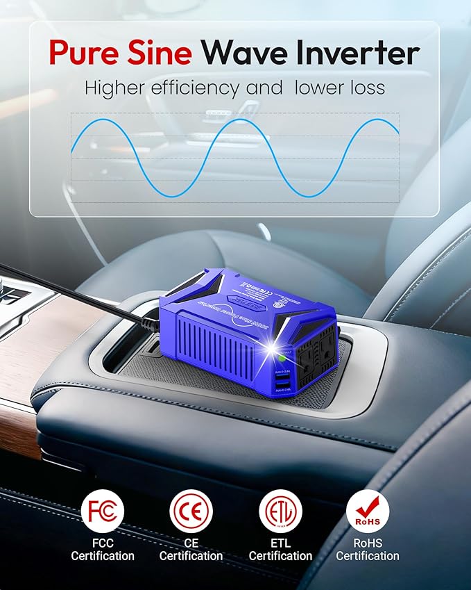 BESTEK Pure Sine Wave Power Inverter - 300W Car Plug in Charger Outlet DC 12V to 110V AC - Cigarette Lighter Adapter with 4.8A Dual USB Fast Charging Ports for Phone, Laptop, Tablet - Blue