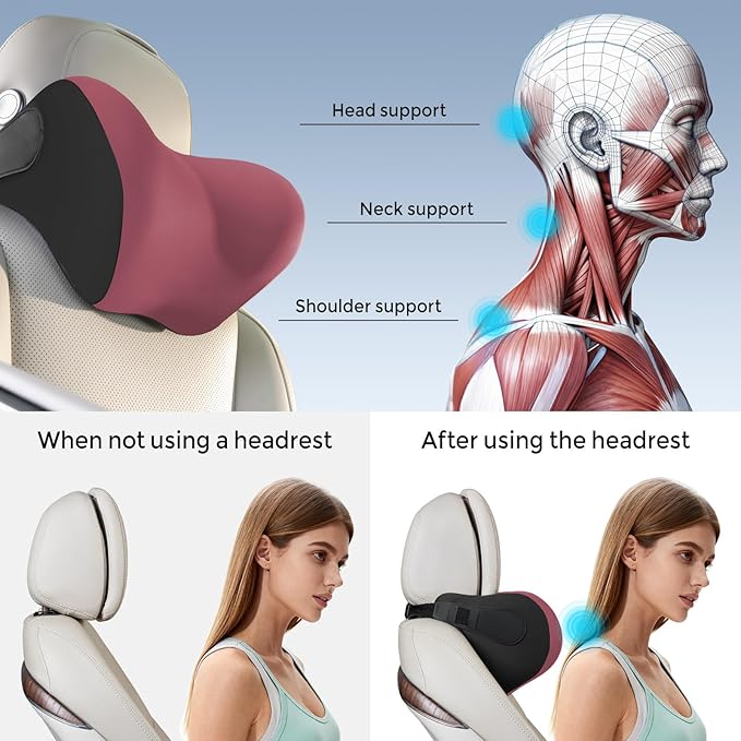 BEBAS Car Headrest Pillow, Memory Foam Neck Support Pillow for Cars - Ergonomically Designed for Long Drives, Travel & Commuting, Pain Relief with Removable & Washable Cover (Red)