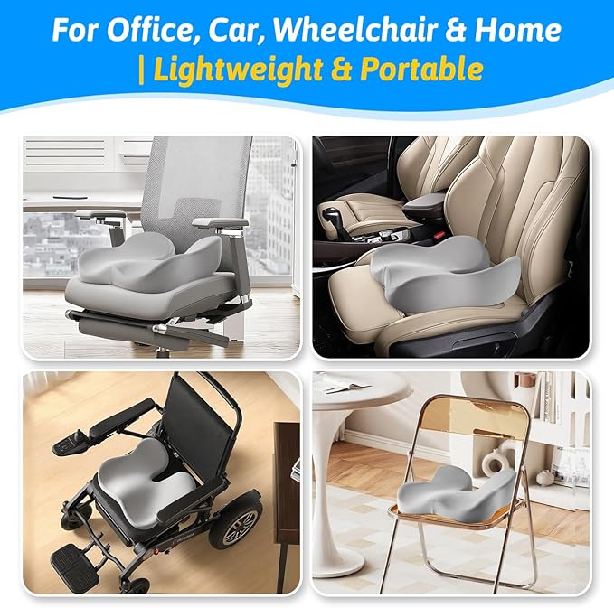 Seat Cushion for Tailbone & Sciatica Pain Relief - Plush Yet Supportive Ergonomic Memory Foam Chair Cushions for Office Chair, Car, Wheelchair,Airplane & Long Sitting(Light Gray)