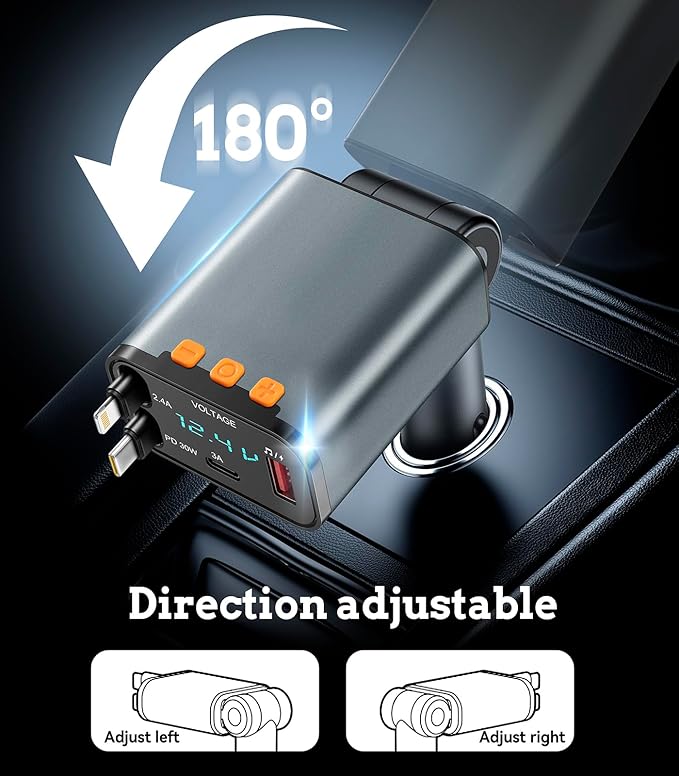 50W PD Car Charger with Bluetooth FM, Retractable Type-C & Lightning Cables, Hands-Free Calling Kit, USB MP3 Player & Voltage Display for 12V/24V Cars, Trucks