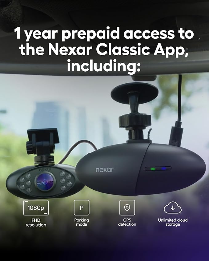 Nexar Pro Dual Dash Cam 1080p FHD Front and Interior Cameras AI Crash Detection 24H Parking Mode Night Vision and Unlimited Cloud Backup Includes 32GB SD Card and 1-Year Nexar App Subscription