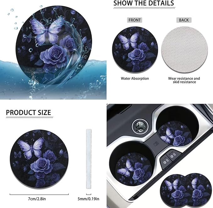 White Butterfly Steering Wheel Covers Set for Women Rose Flower Cup Coaster Armrest Cover Handbrake Gear Cover Suit for Most Cars Truck Vans SUV