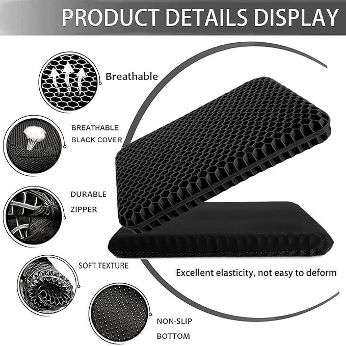 Gel Seat Cushion for Long Sitting, Extra Thick Gel Cushion for Wheelchair Soft Chair Pads for Office Home Chairs Car Seats Long Trips - Back Sciatica Hip Tailbone Pain Relief Cushion (Black)