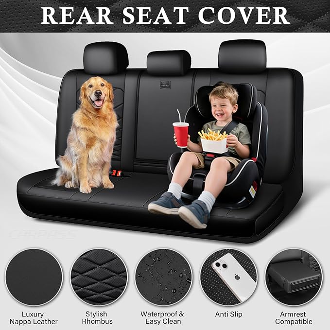 CAR PASS Luxury Nappa Leather Back Seat Covers, Piping Water Resistant Premium Faux Leather Rear Bench Seat Covers, Breathable Backseat Cover Universal Fit for Most Sedan SUV Van Truck, Black