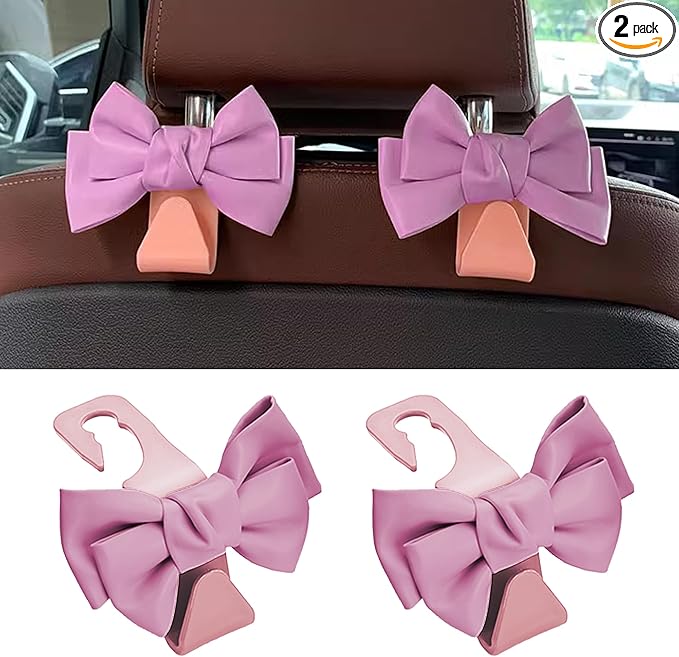 2 PCS Car Seat Headrest Hooks, Cute Bow Shaped Vehicle Backseat Storage Hooks, Leather Bow Shaped Sturdy Car Seat Back Hooks for Purses/Coats, Car Accessories (Pink)