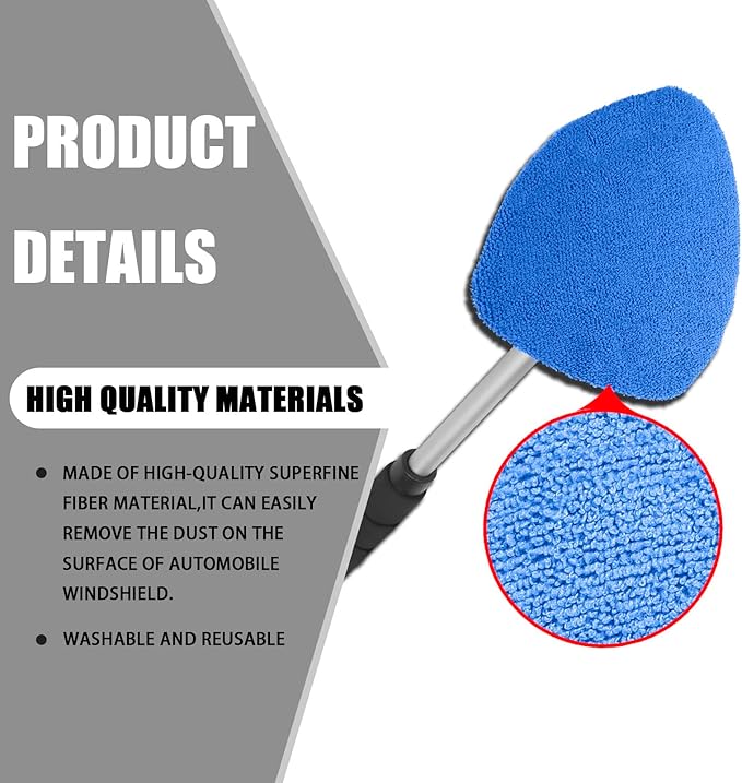 Windshield Cleaner Tool - Portable Car Interior Window Cleaning Kit with Extendable Handle, 4 Microfiber Towel Pads, Auto Glass Wiper for Windshield, Universal for RV, SUV, Truck (Blue)