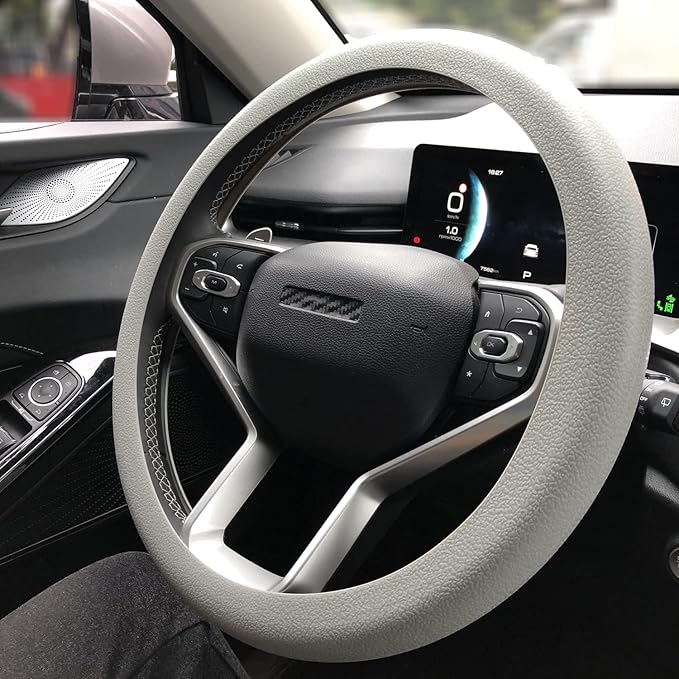 Grey Car Steering Wheel Cover: Universal 13.5 to 15 inches Silicone Steering Cover Compatible with Most Car Models Fit for Round Shpe D Shape