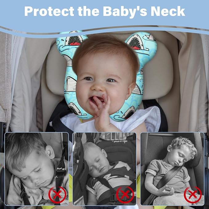 Baby Neck Pillows - Upgraded Toddler Travel Cushion for Toddler Head and Neck, Infant Neck Pillow for Car Plane Stroller Pushchair - Shark B