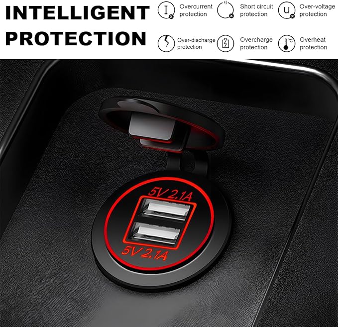 4.2A Dual USB Charger Socket, Waterproof Power Outlet 12V/24V 2.1A & 2.1A Quick Charge Socket, USB Charger Socket with Cap for Car Golf Cart Mobile RV ATV Truck Marine Boat (Red)