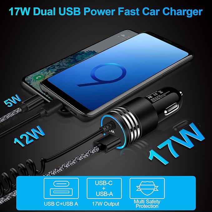 Android Car Charger Fast Charging Cord Type C 3.4A USB C Cigarette Lighter Adapter with Coiled Cable for Samsung Galaxy S26 S25 S24 S23 Z Flip 7 6 Z Fold 7 6 5 A57 A37 A17 A16 A35 A25 A15 A54 A14 A53
