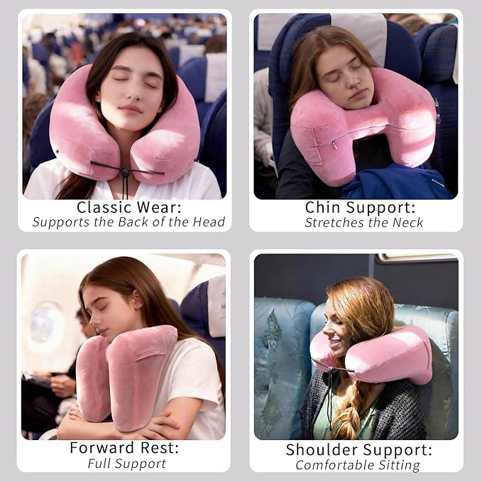 H-Shaped Travel Pillow with Snap-On Hood – Ergonomic Neck Support with Plush Velvet Cover, Instant Inflation & Compact Bag – for Airplane, Car, Office & Long Trips (Red)