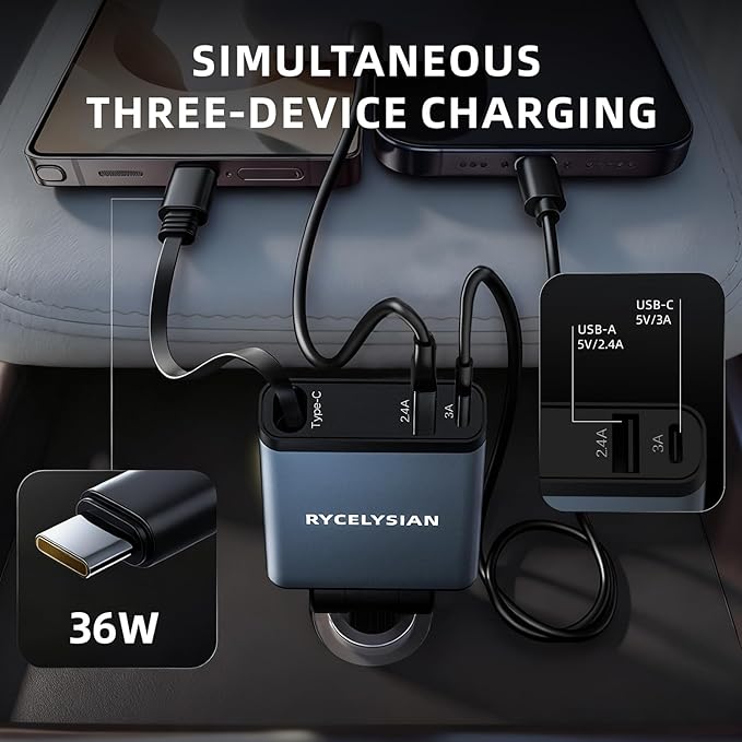 Retractable Car Charger Ultra-Slim, 65W Fast Car Charger with 31.5 inches and USB C+USB A Car Charging Block Cube Suitable for iPhone Samsung and Android