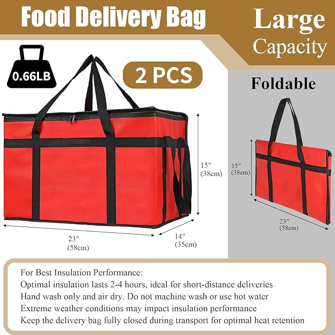 PEASUG 2Pcs Insulated Bags for Food Delivery, XXXL Pizza Delivery Bags, Large Capacity Cooler Bag Keep Food Warm for Grocery Shopping and Catering, Foldable, Heavy-Duty (Red)