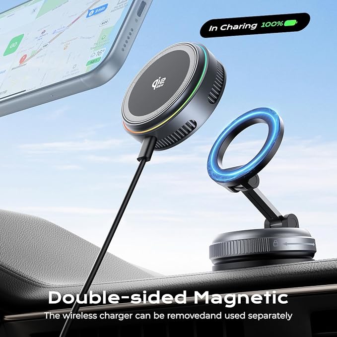 Qi2.2 Magnetic Car Mount Charger【25W Fast Charging+Ice-Cooling】 360° Rotating Fast Wireless Charger Stand with Cooling Fan/LED Light,Vacuum Magnetic Phone Holder Compatible with iPhone 12-17, S26/S25