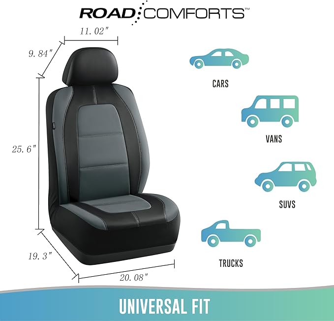 Road Comforts Car Seat Cover, Front Leather Car Seat Covers, Automotive Low Back Sport Car Seat Covers, Airbag Compatible, Universal Fit for Most Cars, SUVs, Trucks and Vans