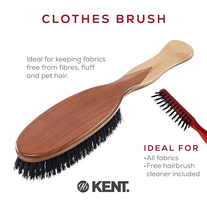 Kent CS1B Clothes Brush, Fabric Lint Remover for Cotton, Wool, Suede and Silk, Pure Black Bristles Handcrafted Two Tone Cherrywood Veneer Remover for Dust, Fluff and pet Hair. Made in England
