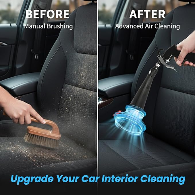 SakerPlus Dry Cleaning Gun, Air-Powered Car Interior Cleaning Tool with Vortex Airflow, Air Compressor Gun for Seats, Carpets, Floor Mats, Vents and Auto Detailing (1 Set Nozzle)