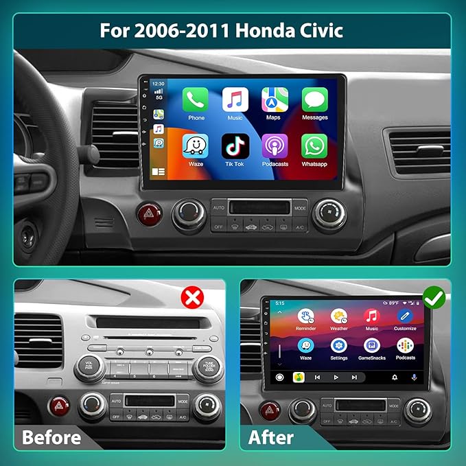 2G+64G Car Stereo for Honda Civic 2006-2011 with Wireless Apple Carplay Android Auto,10.1 Inch Android Touchscreen Car Radio with GPS,Bluetooth,FM/RDS Radio,Mirror Link,HiFi + AHD Backup Camera