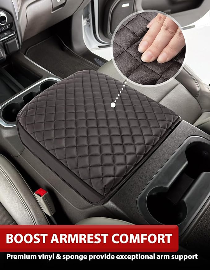 KBH Center Console Armrest Cover for Chevy Silverado & GMC Sierra 2019-2026, Tahoe & Suburban & Yukon 2021-2026, Bucket Seat, Vinyl Leather Trim, Anti-Scratch, Brownstone