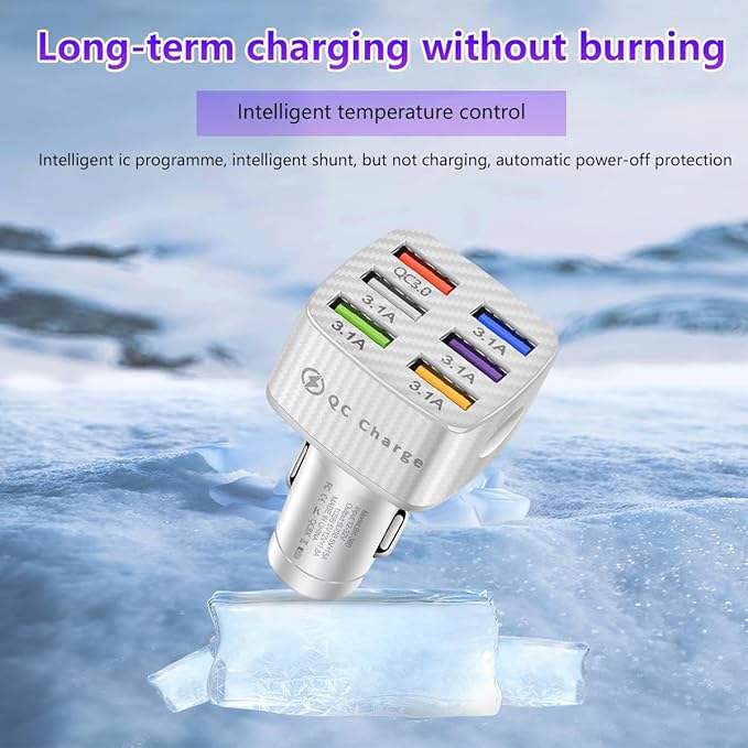 Augeny Car Charger Adapter, 6 USB Multi Port Fast Charger, Include QC 3.0 and 5 Other Ports, Auto Quick Charging Adapter for Most Cell Phones, Interior Car Accessories for SUV Truck (White)