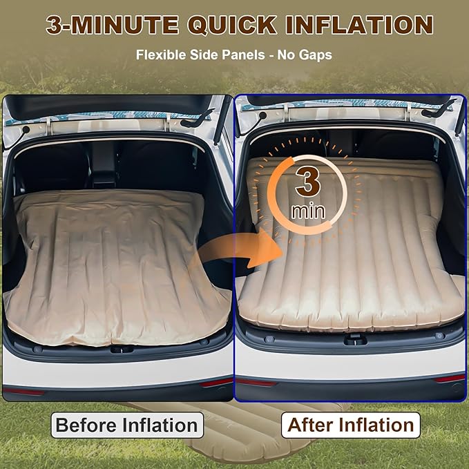 ZKOO Car Air Mattress 4 Inch, SUV Truck Camping Air Mattresses, Quick Inflation Chamber Portable Driving Trip Air Bed Soft Flocked Top for Camping, Colchon Inflable, with Storage Bag (Khaki)