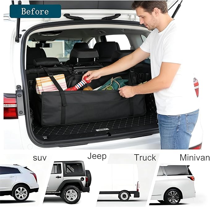 Car Trunk Organizer Hanging Bag, Waterproof Backseat Storage for SUV Jeep Truck Minivan, Black, 35.4 x 11.2 Inches, Foldable