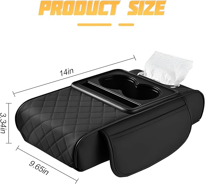 Zpana Car Center Console Armrest Pillow, Memory Foam Leather 4 in 1 Vehicle Arm Rest Cover with Tissue Box 2 Side Storage Bag Cup & Phone Holder, Auto Armrest Cushion, Universal Fit (Black)