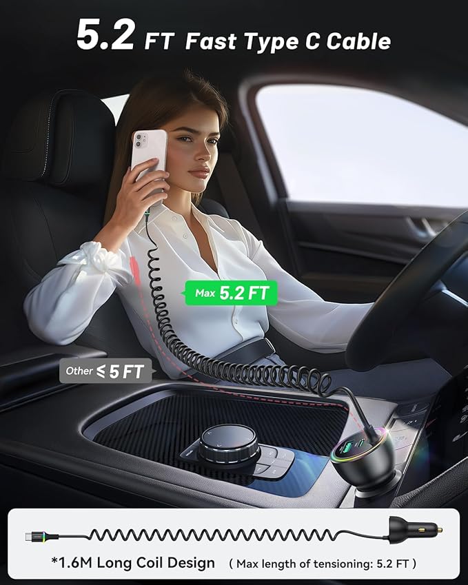 Rocoren 70W Car Charger for iPhone 17 Pro Max, USB C Car Charger Fast Charging with 5.2Ft Type C Coiled Cable, Super Fast USBC Phone Cigarette Lighter Adapter for iPhone 17/16/15, iPad,Samsung,Android