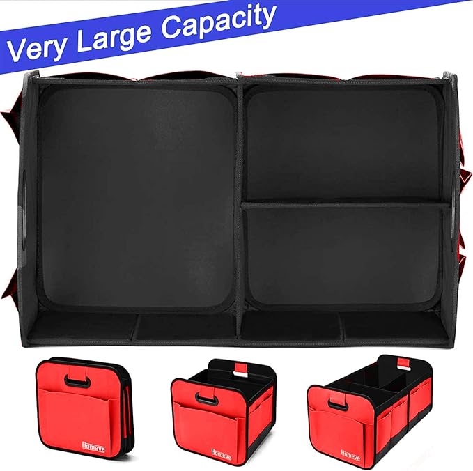 Homeve Trunk Organizer, Car Storage, Reinforced Handles, Collapsible Multi-Compartment, Foldable, Waterproof, Sturdy, 600D Oxford Polyester For Car, SUV, Mini-Van, Red, 2 Compart | Collapsible, Reinforced Handles, Foldable, Waterproof, Suitable for Any...