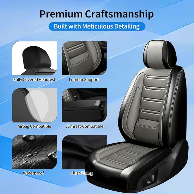 Fit Accord Car Seat Covers for Select Honda Accord 2012-2026 - Premium Full Coverage Leather, Airbag Compatible, Waterproof & All Weather Seat Protector, Full Set, Black+Gray