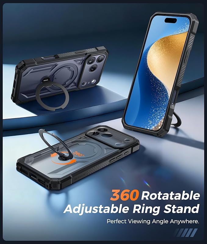 FNTCASE for iPhone 17 Pro Case: [360 Spin Magnetic Ring Kickstand] [Compatible for MagSafe] [Screen Protector] Heavy Duty Military Grade Protection Protective Phone Case with Stand Translucent Black