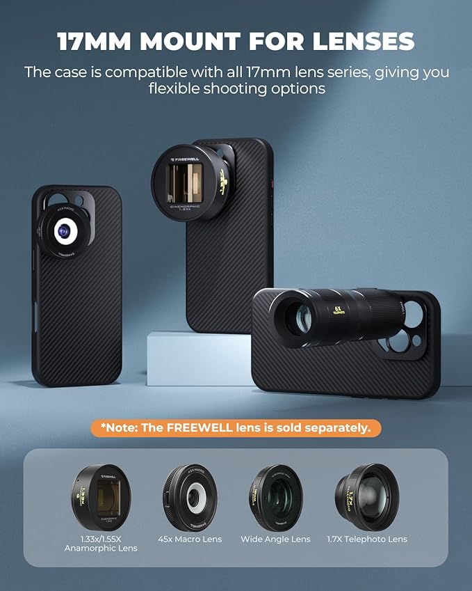 FREEWELL Pro Filmmaker Case for iPhone 15 Pro - 17mm Lens Slot & Magnetic Filter Support Black