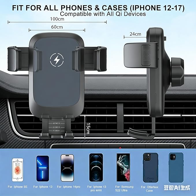 Wireless Car Charger, Auto-Clamping Air Vent Mount Car Phone Holder - 15W/10W/7.5W Fast Charging Compatible with iPhone 17/16/15/14/13/13 Pro/12 Pro Max/12 Pro/12 & Samsung Galaxy, Gift for Men Women
