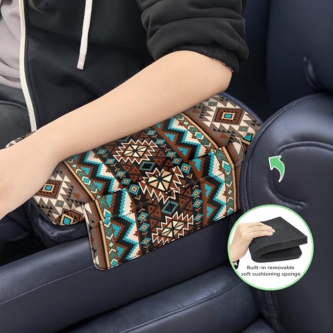 Dreaweet Car Center Console Cover Southwestern Native Indian American Aztec Navajo Arm Rest Cover for Car with Pockets Soft Comfy Thick Car Armrest Cushion Storage Box Mat