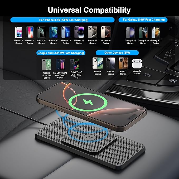 Wireless Car Charging Pad, Reestecqi 15W Fast Wireless Car Charger Pad Non Slip Charging Mat with 30cm Cable and 70cm Extension Compatible with iPhone 16 Pro/15/14/13 AirPods Samsung Google