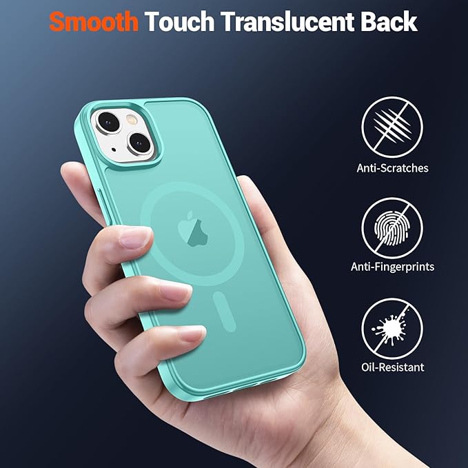 SUPFINE Magnetic for iPhone 14 Case & iPhone 13 Case (Compatible with MagSafe)(Military Grade Drop Protection) Slim Translucent Matte Shockproof Phone Cover,Blue Green