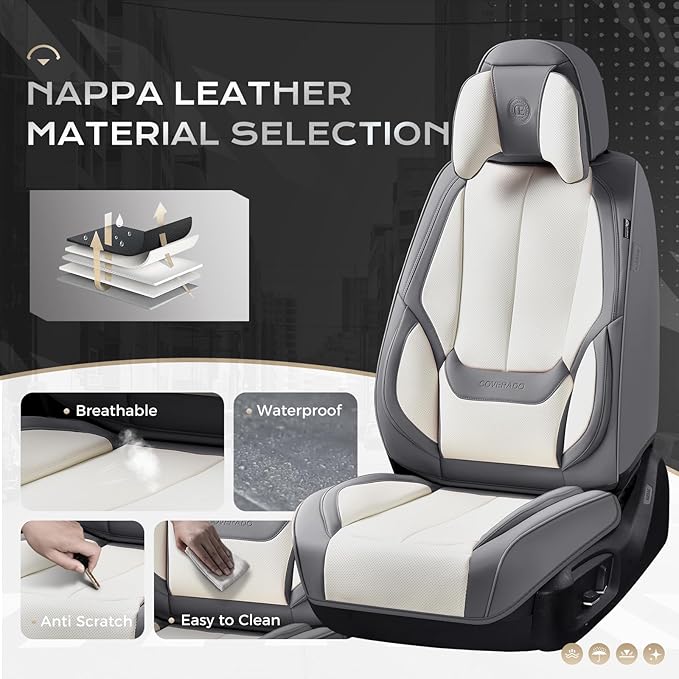 Coverado Seat Covers, Car Seat Covers Front Seats, Car Seat Cover, Car Seat Protector Waterproof, Seat Cushion Nappa Leather with Head Pillow, Carseat Cover Universal Fit for Most Cars (Gray&White)