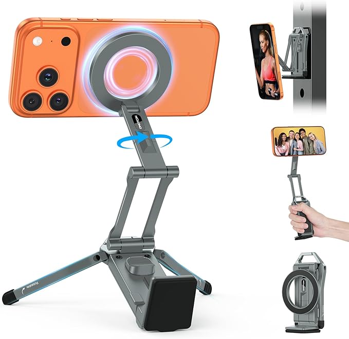 OMOTON TP02 360°Rotating for MagSafe Tripod Mount, Adjustable Aluminum Magnetic Phone Tripod for iPhone 17/16/15/14 Pro Max Air, Foldable Cell Phone Stand Fits Vlog, Gym, Travel Essentials, Gray