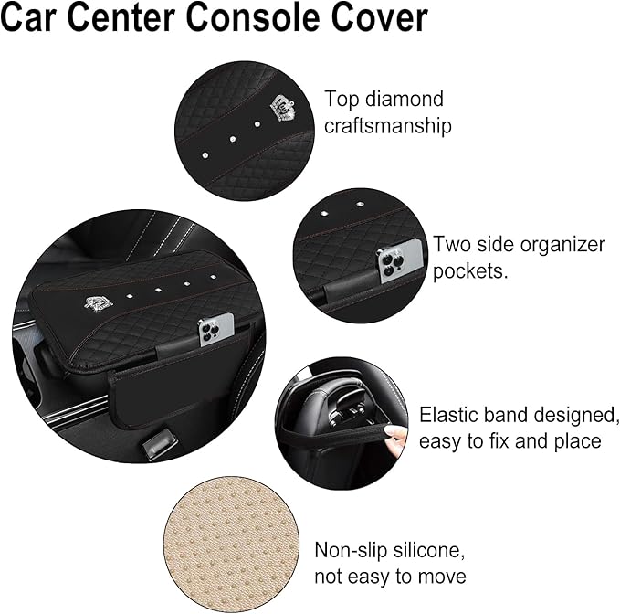 NBTEPEM Bling Crown Car Center Console Armrest Cover, Leather Middle Console Cover Cushion with 2 Storage Bags, Car Armrest Storage Box Interior Accessories for Most Vehicles(Black)