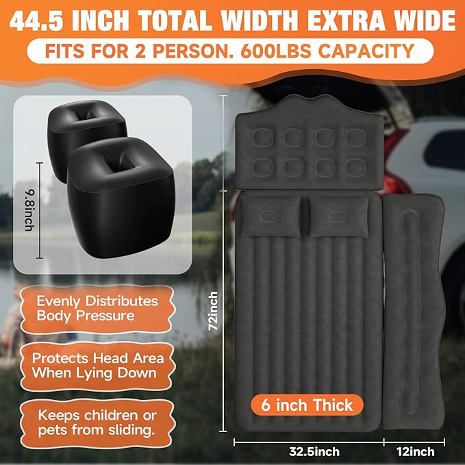 Car Air Mattress Bed: Inflatable Back Seat Air Mattress for Car, Thick Camping Sleeping Pads with 2 Pillows & Air Pumps, Fits Sedan/Truck/SUV, Black