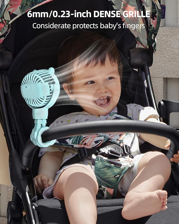 buywoo Portable Stroller Mini Fan, Small Rechargeable Personal Cooler w/ 360° Rotation, Baby Essentials for Car Seat, Crib, Bike, Treadmill, 3-Speed Battery Powered Stroller Accessories, Mint