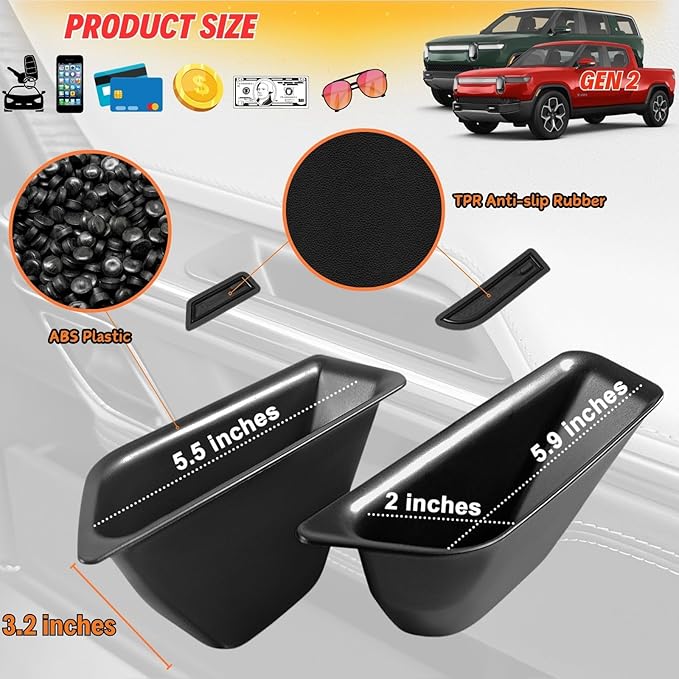 Passenger Grab Door Handle Storage Box for 2026 2025 Rivian R1s R1t Gen 2 Car Door Side Organizer Tray Pocket Insert Front & Rear Interior Accessories - Black ABS (Not Fit Rivian Gen 1), 4/Pack